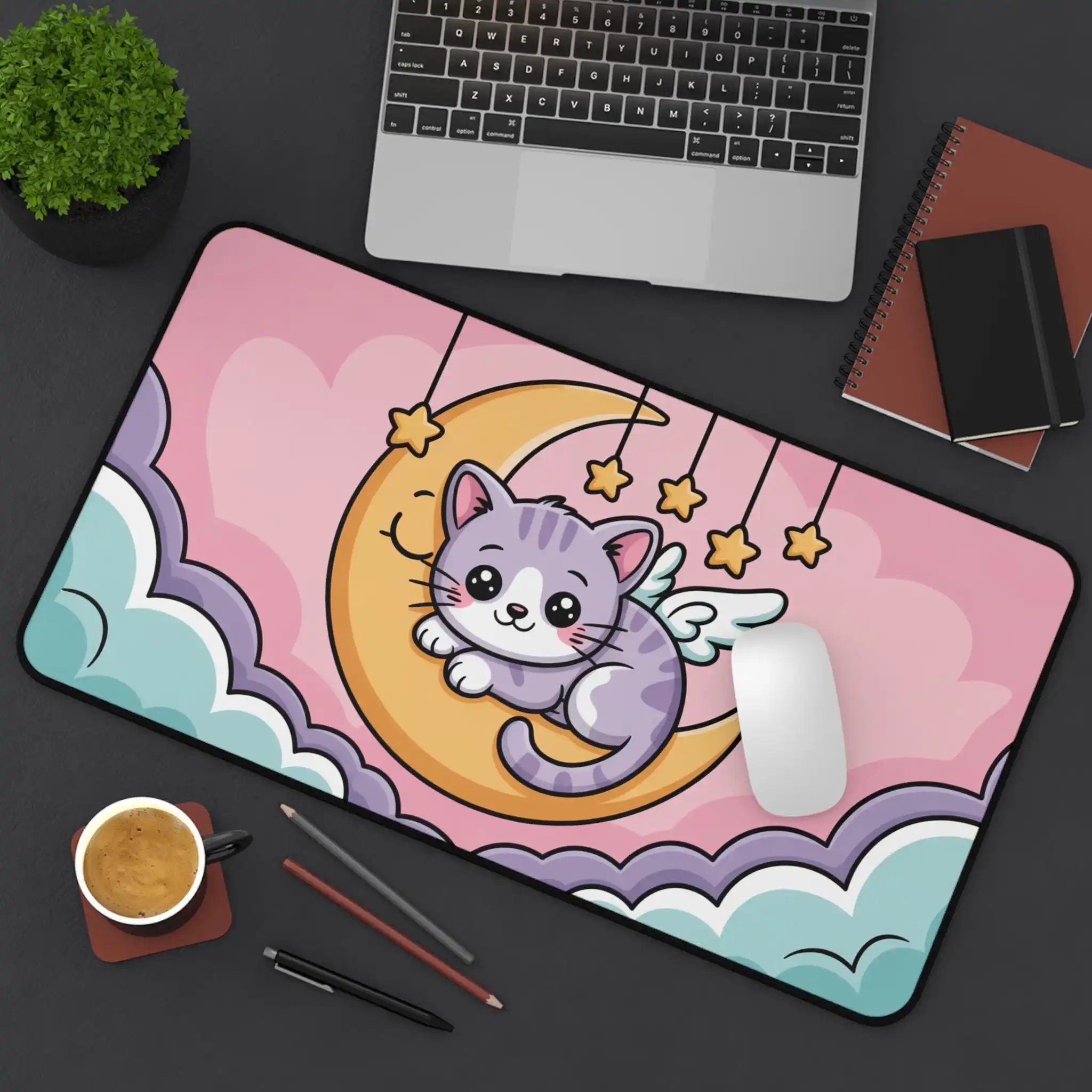 

Cute Moon Cat Desk Mat, Winged Cat Under The Crescent Starlight, Beautiful Anime Cat Mouse Pad, Cozy Workspace Decoration
