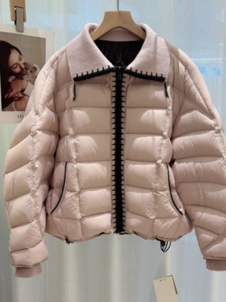 Down Jacket Women 90 White Duck Filling 2026 Autumn Winter New Petite Sweet Knit Lapel Padded Outerwear Trendy Puffer Coat