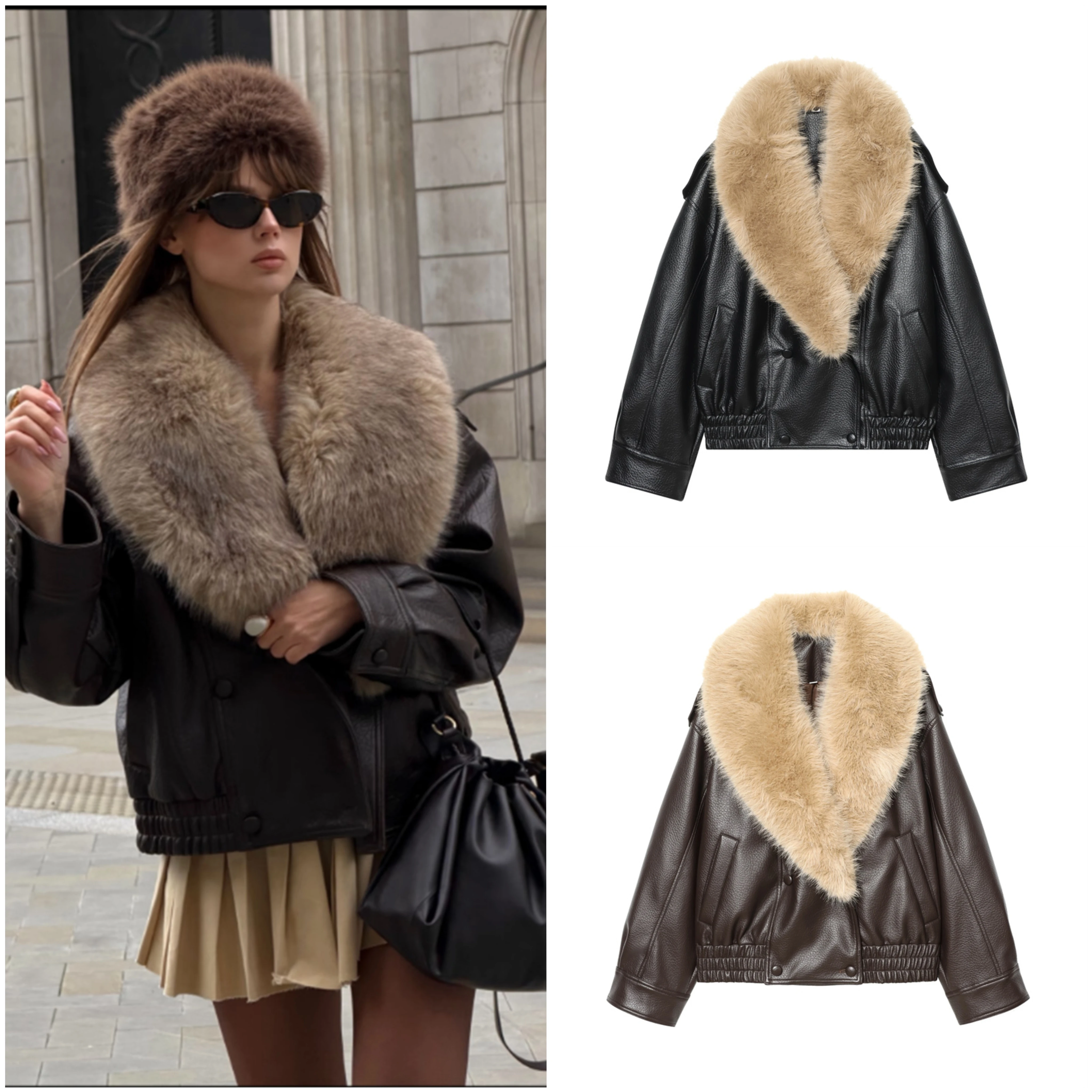 Women's Vintage Faux Leather Jacket with Large Faux Fur Collar, Double-Breasted, Short Winter Biker Street Style Coat