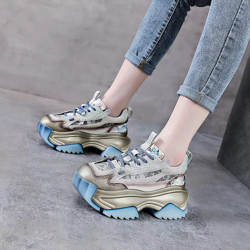 

Top Layer Cow Leather Single Shoes for Women New Style Rhinestone Dad Shoes for Women Thick Soled Elevated Sports Casual Shoes