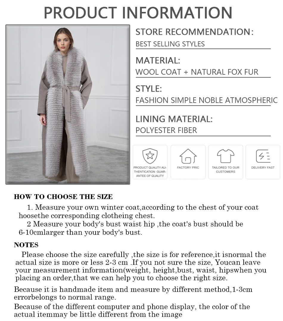 معطف طويل من الصوف المخلوط مع حواف فرو الثعلب سترة شتوية نسائية معطف فرو الثعلب الحقيقي معاطف صوف فاخرة للنساء