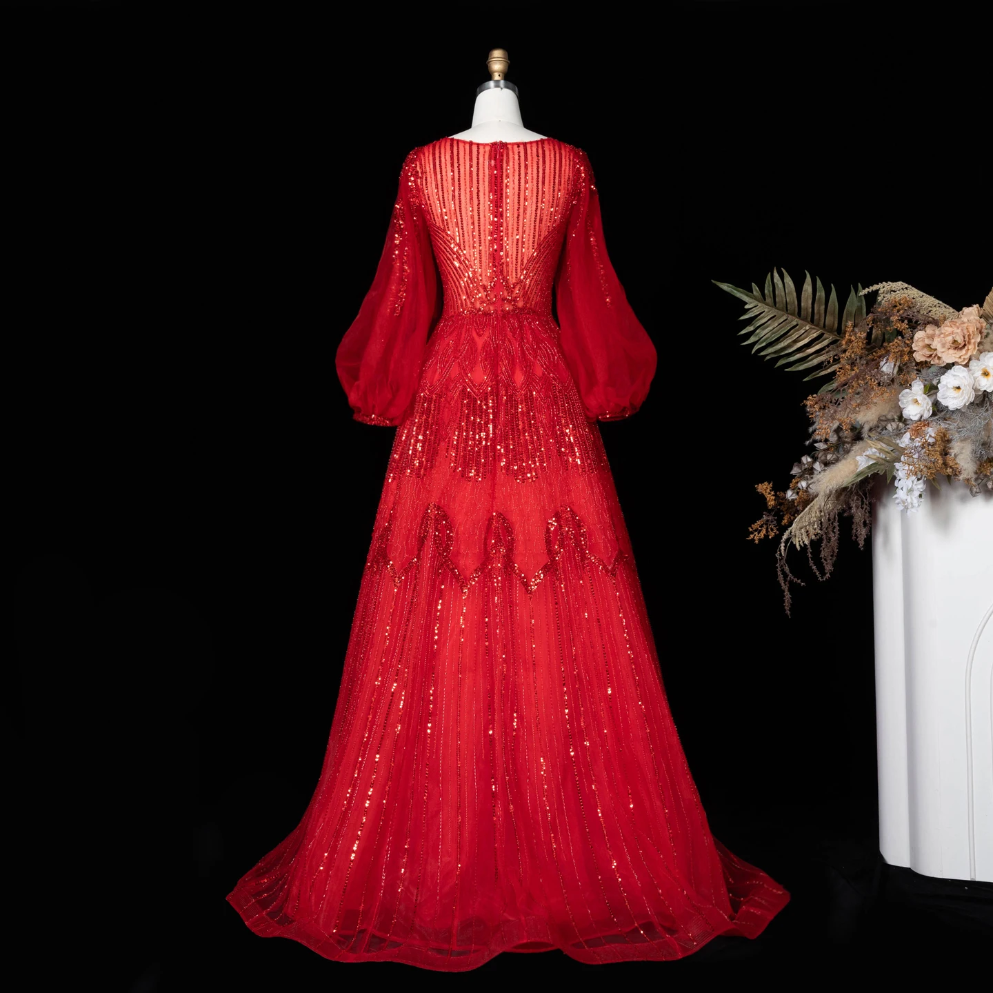 Sharon Said Luxuriöses Rosa Abendkleid mit Perlenstickerei, V-Ausschnitt, A-Linie und Puffärmeln, 2026 Damen Hochzeitsfeier SS057, Maßanfertigung – Detail 15