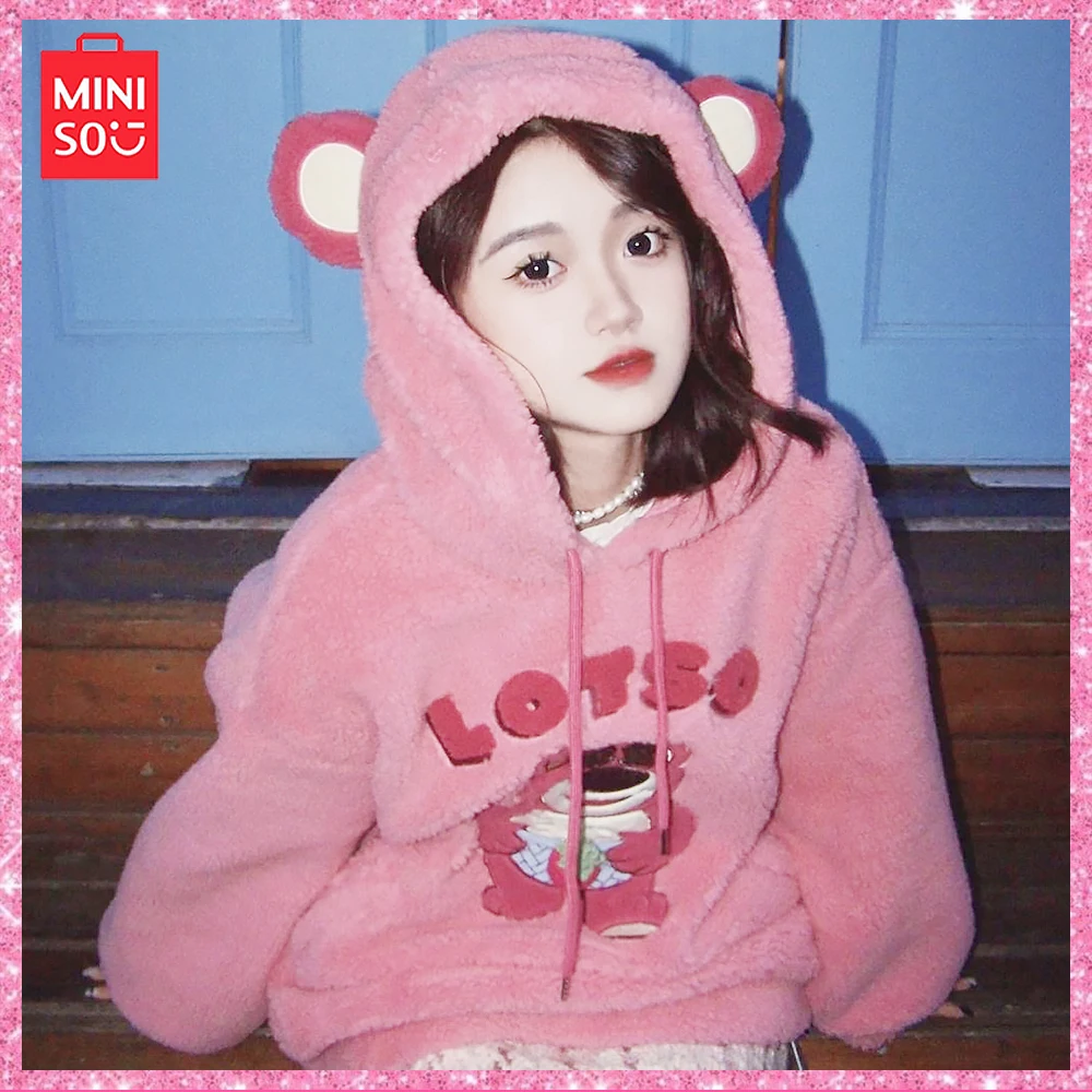 New Miniso Lotso Cartoon Embroidered Fleece Hooded Loose Top Long Sleeve Plus Size Hoodie Coat Girls Birthda Gift