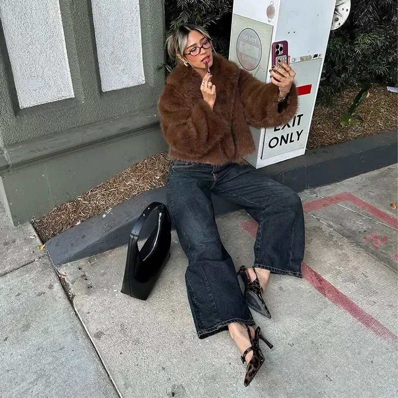 UNIZERA abrigo corto de piel suelto de color sólido Otoño e Invierno nuevo artículo solapa abrigo cálido de manga larga para mujer