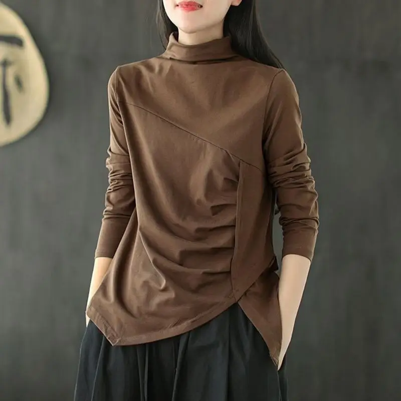 Autumn Winter Irregular Pleated Long Sleeved New Women's Clothing Design with a Solid Color Semi High Neck Simplicity Chic Tops