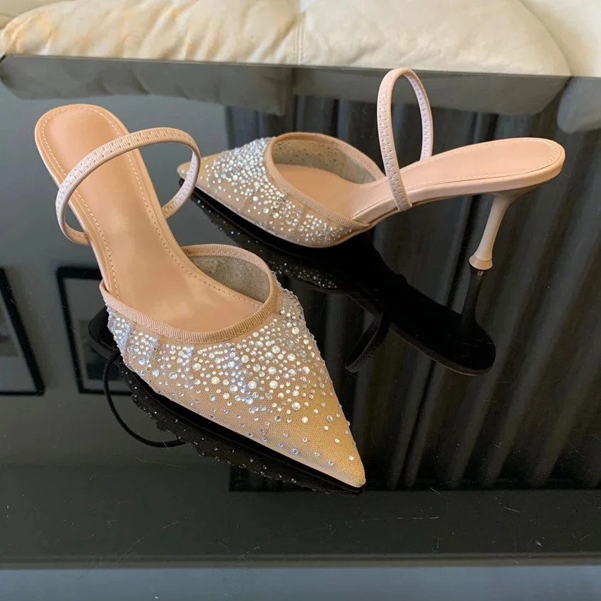 TRAF-sandalias con lentejuelas para mujer, zapatos de tacón con malla y diamantes de imitación, elegantes y puntiagudos, para fiesta, verano, 2024