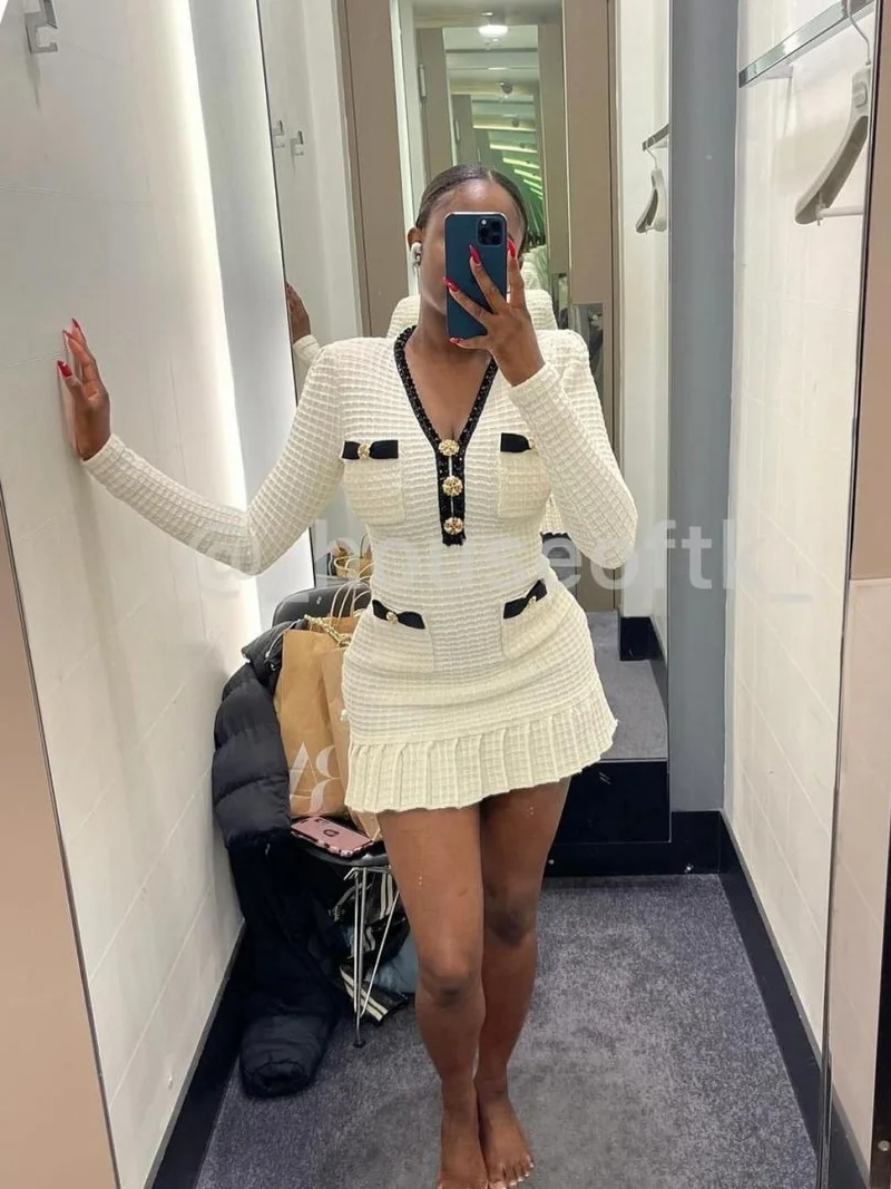 Elegante vestido de malha fino ajuste roupas de outono feminino manga longa vneck bodycon plissado hem mini vestidos ol estilo malha waffle vestido