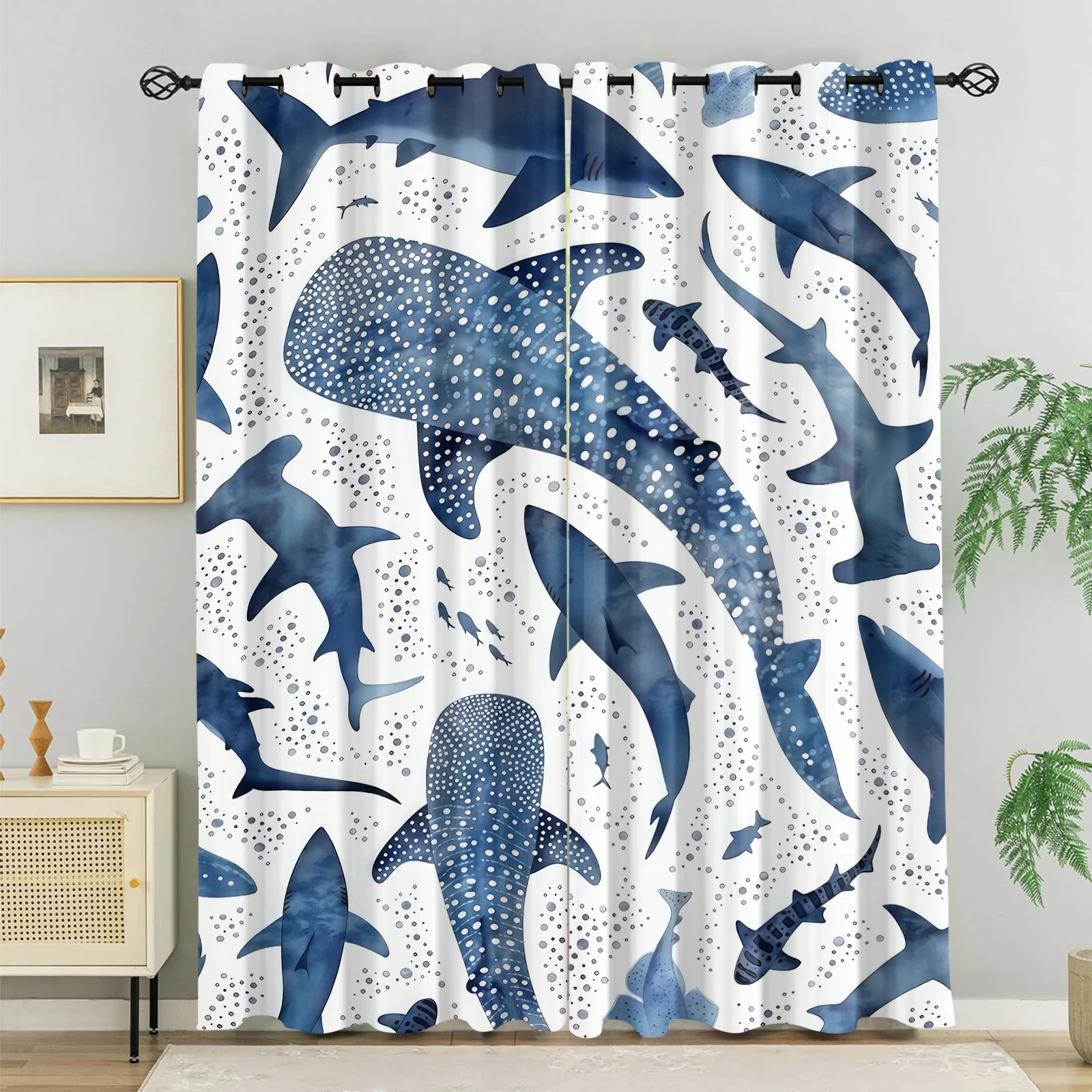 

2 шт. затемняющие шторы с принтом акулы-киты и других морских животных | Декор в морском стиле для спальни, гостиной, игровой комнаты