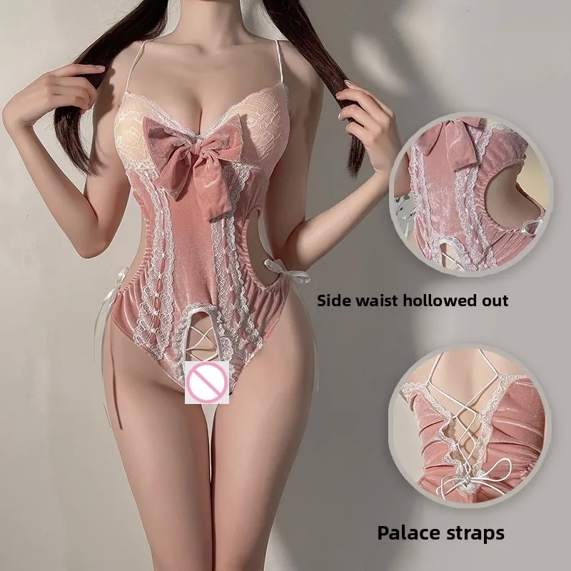 

Sexy Lace Lingerie Suspender Bodysuit Back Lace-up Bunny Girl Costume Erotic Uniform Set for Women Seductive Role Play Outfit