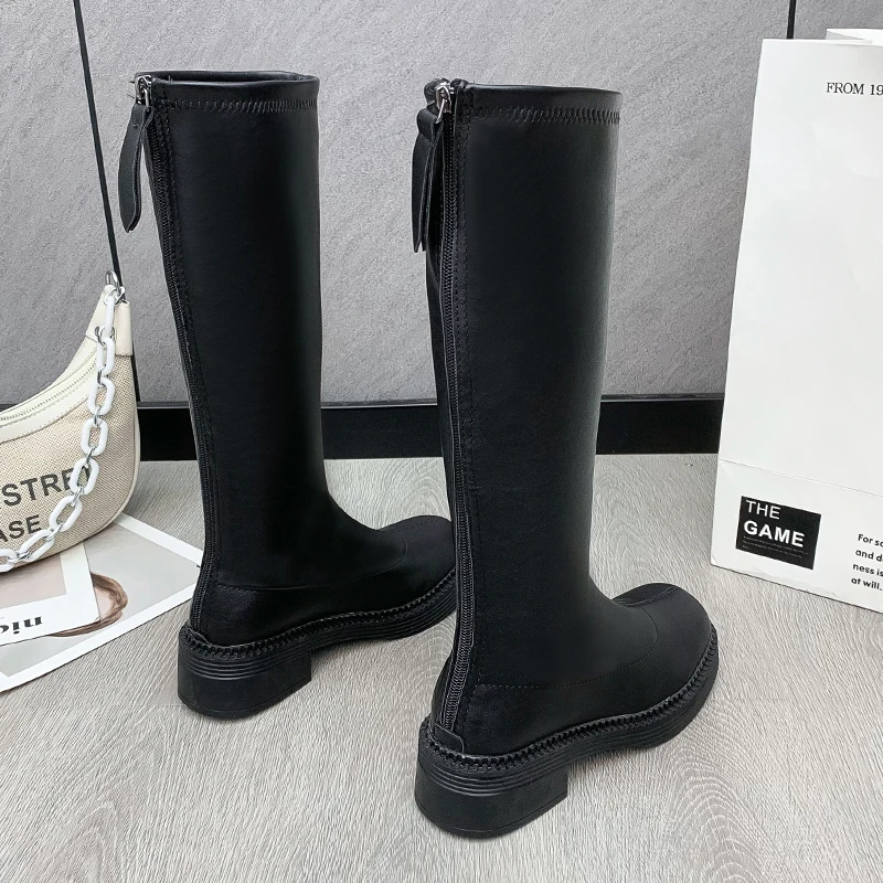 LazySeal Black White Knee Boots Square Toe Autumn Winter Zipper Fashion Women Boots 4.5cm Med Heels Modern Boots Big Size 44