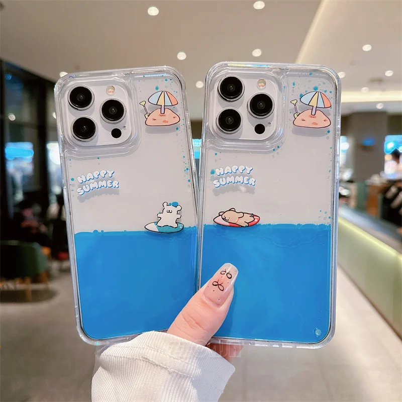 Cute Moving Puppy Kitty Surfing For iPhone 11 12 13 14 15 Pro Max Case Funny Happy Summer Blue Sea Liquids Clear Hard Back Cover