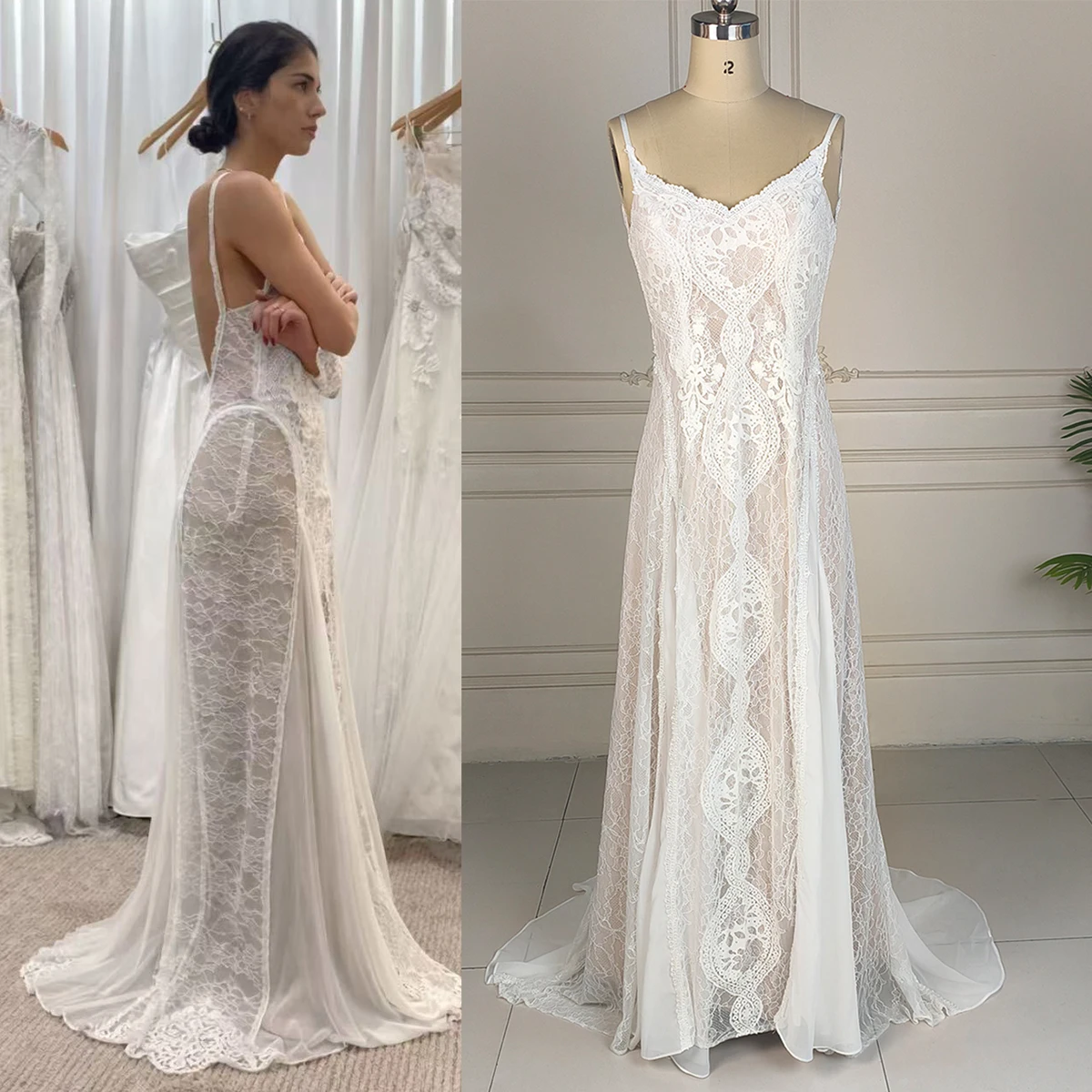 Spaghetti Straps Boho Backless Wedding Dress Customized Sleeveless Real Photos V Neck Western Hippie A Line Lace Bridal Gowns