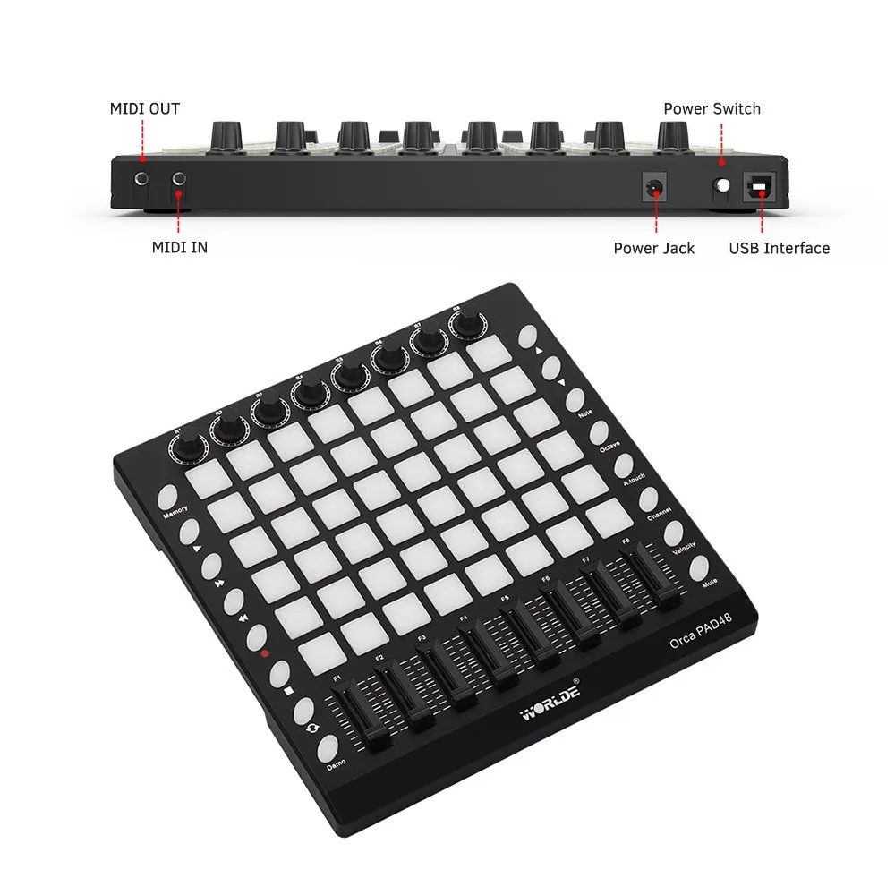 WORLDE PAD48 Portable USB MIDI Drum Pad Controller 48 RGB Backlit Pads 8 Knobs 16 Buttons 8 Sliders With USB Cable