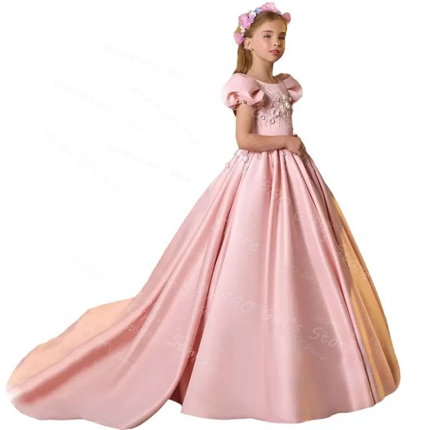 

Customized Girls Party Dress Puff Sleeve Long Train Flower Girl Dresses for Wedding 3D Appliqued Satin Princess Pageant Gown