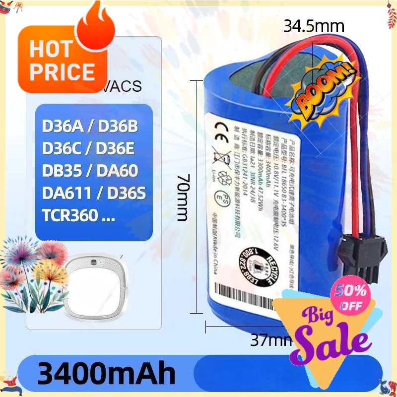 SWZY Rechargeable Battery for ECOVACS D36A D36B DA611 DB35 DA60 Sweeping Robot  Lithium Ion Battery 2600mAh 10.8V DA60-Darfon