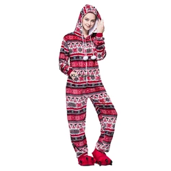 Women Long Sleeve Fleece Hooded Jumpsuit Pajamas with Zipper Christmas Snowflake Print Onesie Bodysuit Holiday One Piece Costume