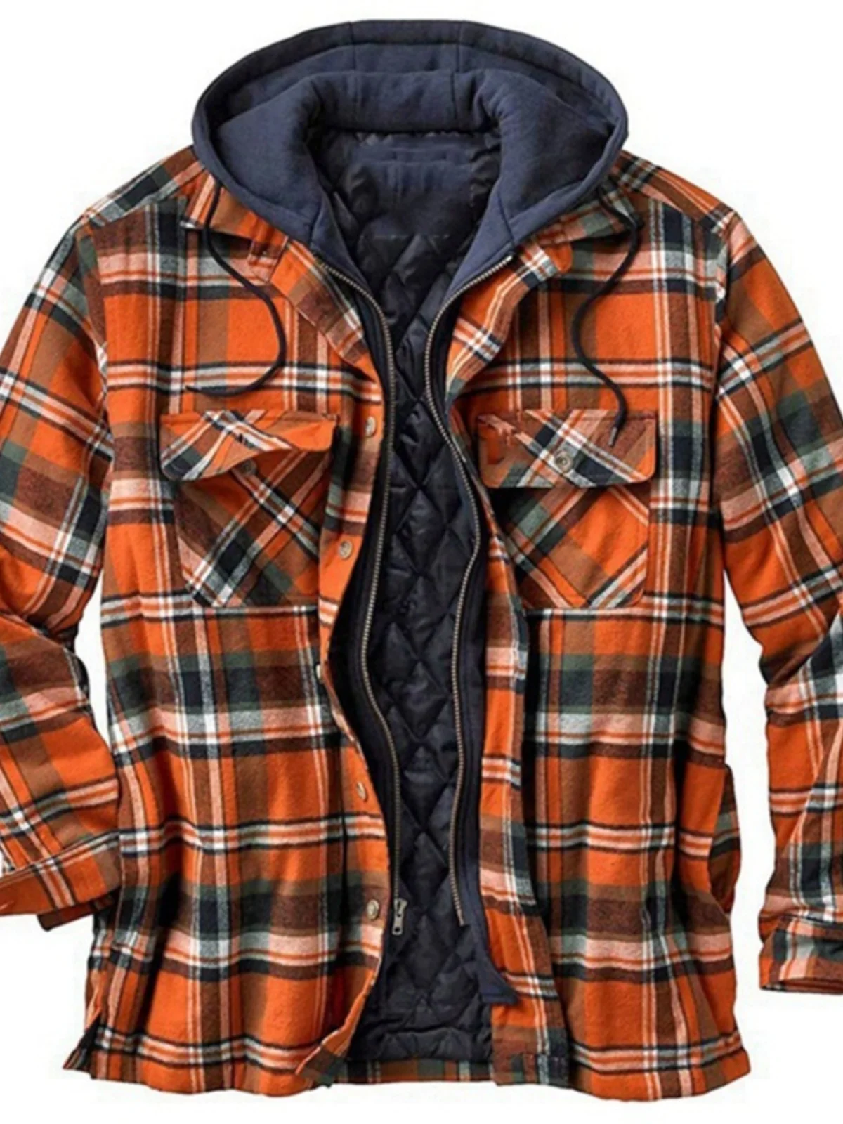 

Classic Plaid Hooded Cotton Jaet plus Size Warm Casual Sle Polyester Filling Mid-Length Zipper Closure Men's Coat