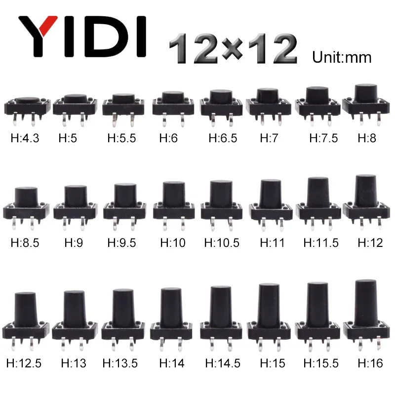 10pcs 12x12mm Panel PCB ON Off Momentary Tactile Tact Micro Mini Switch Push Button DC12V 4 Pin DIP H=5/6/7/8/9/10/12/13/15/16mm