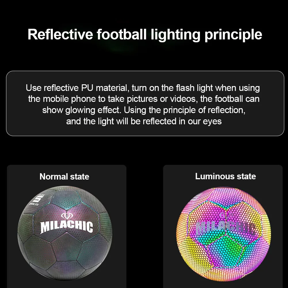 Im Dunkeln leuchtender Fußball, leuchtende Fußbälle, holografischer leuchtender Fußball, Outdoor-Spielzeug, Kamera-Blitz, reflektierender Croma-Ball