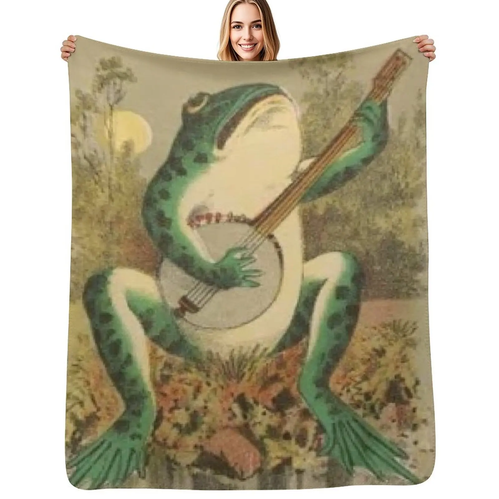 Vintage Whimsical Frog Playing The Banjo In The Moonlight, Ribbit. Fun Frog Apparel and Decor Throw Blanket