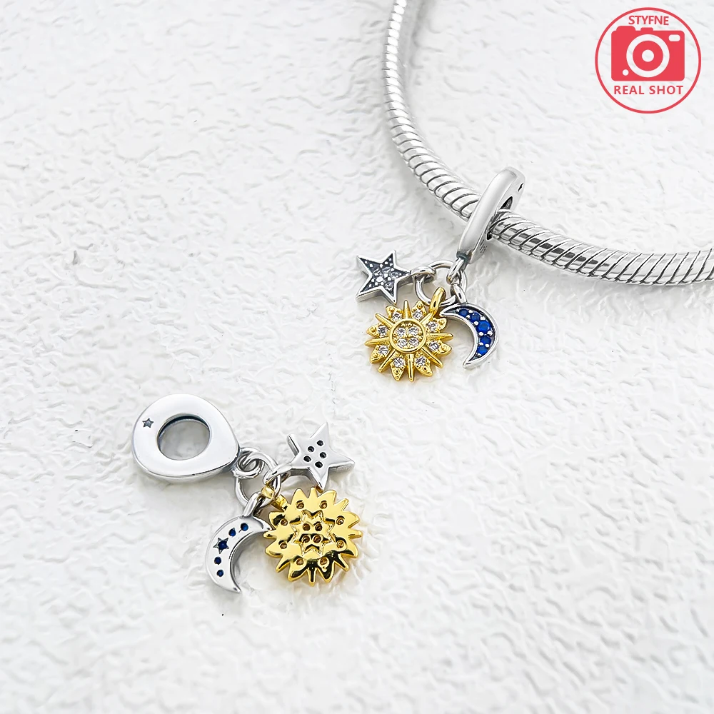 Luxury 925 Sterling Silver 14k Gold Two-tone Splittable Sun & Moon Dangle Charm Fit Bracelet Women Jewelry Gifts