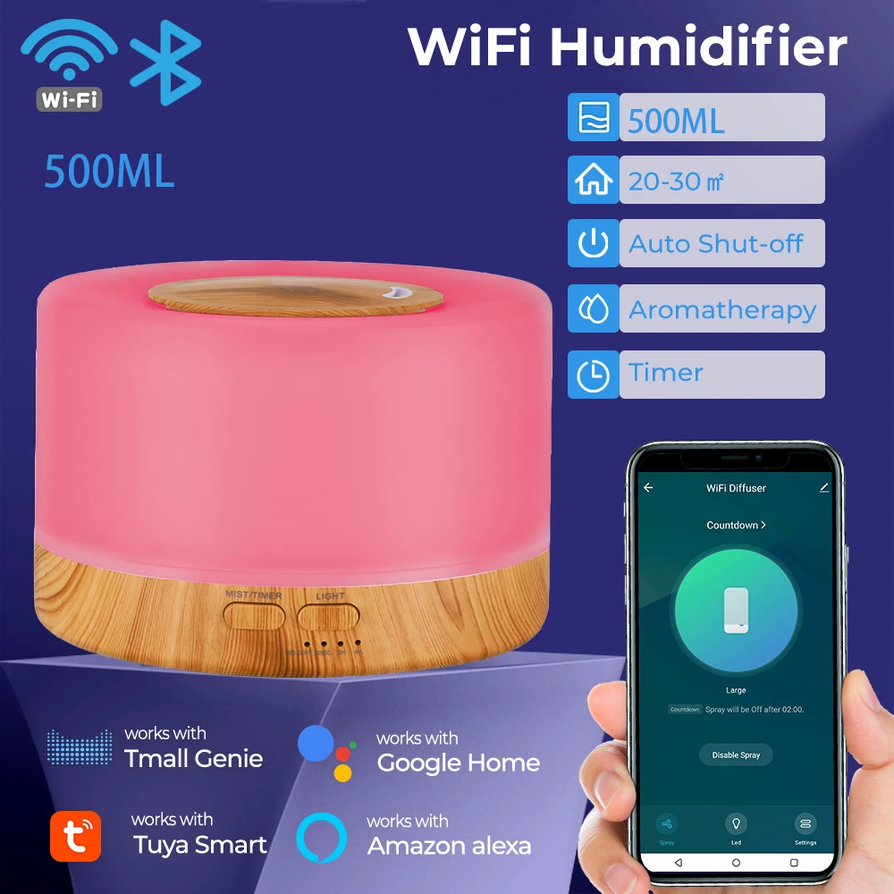 Tuya Slimme Luchtbevochtiger Met Colorgul Led Light Wifi Aroma Diffuser Timer Draadloos Bedieningswerk Met Alexa Google Home Compatibel