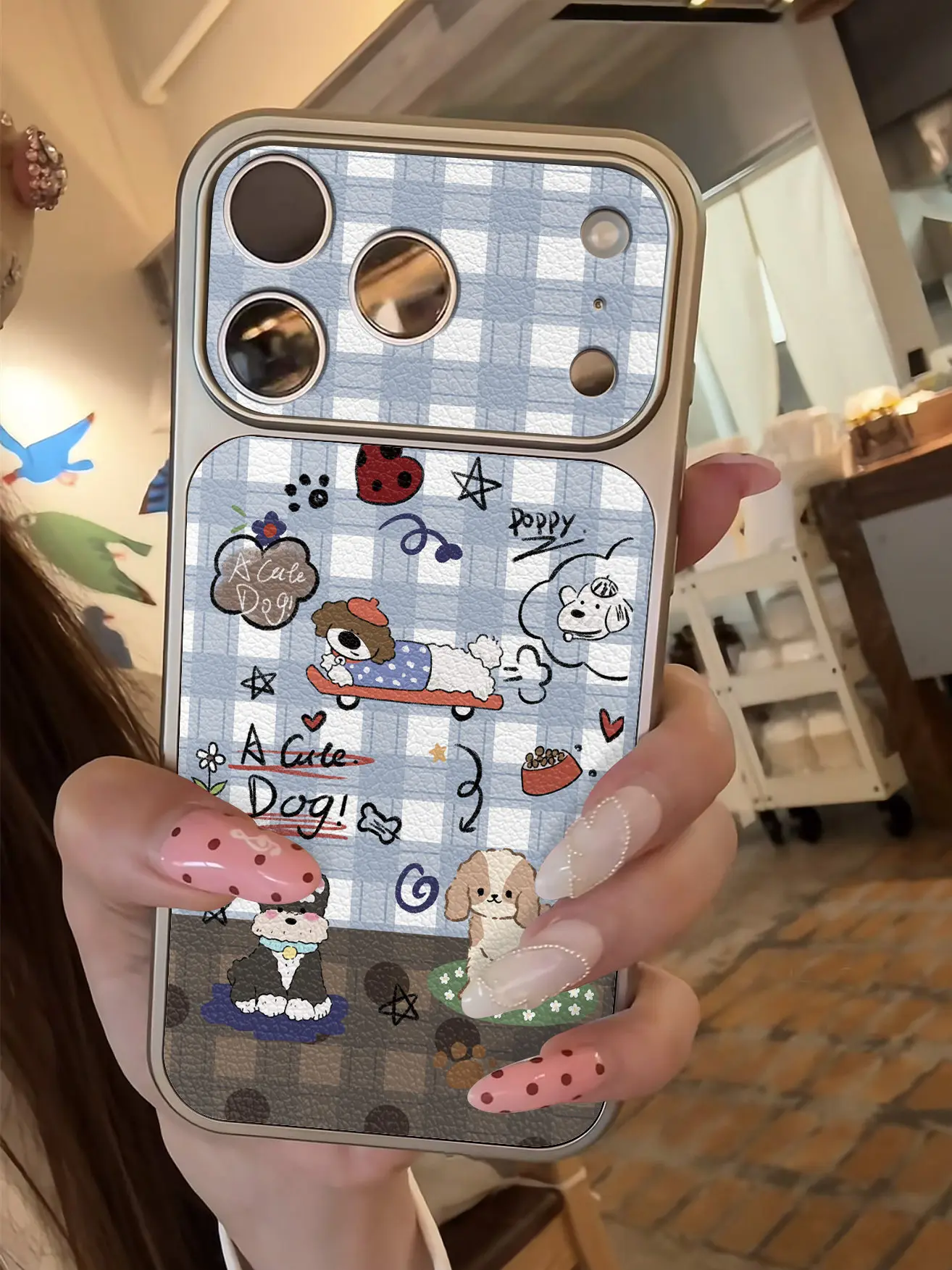 Koreanische Niedliche Welpen-Karo-Imitat 17 Handyhülle für iPhone 13 14 15 16 17 Pro Max 17Pro, Galvanisierter Stoßfänger, Stoßfeste Lederhülle – Detail 19
