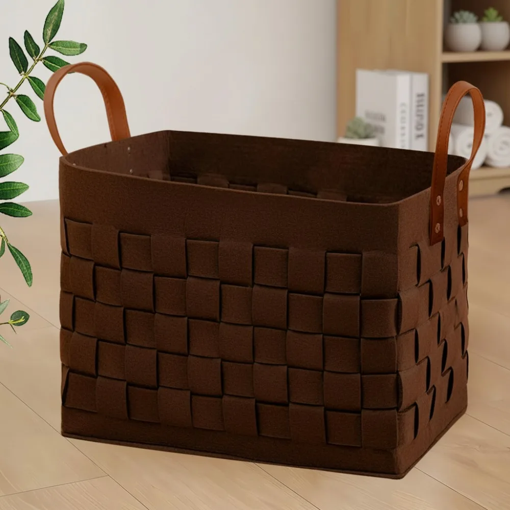 

Large Rectangular Felt Laundry Basket with Leather Handle for Home, Baby & Pet Storage