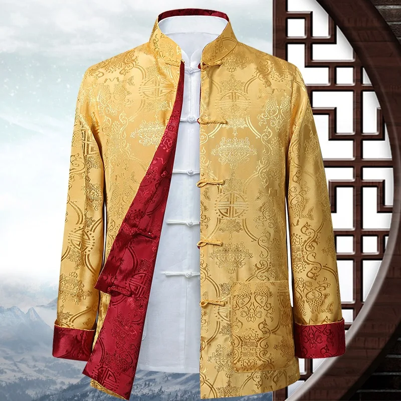 Traditional Chinese Style Jackets Men Kung Fu Tai Chi Master Costume Satin Silk Double Sided Tang Clothes Top Long Sleeved Coats