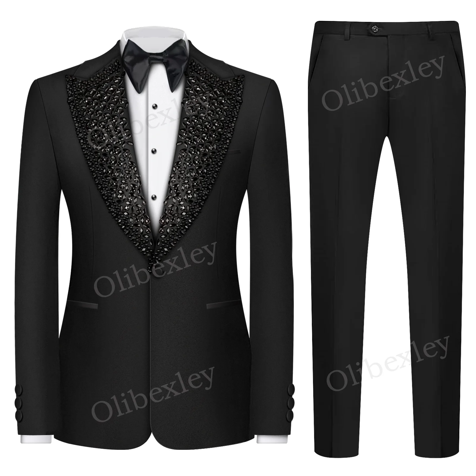 Olibexley Men's Suits 2 Pieces High Quality Beaded Crystals One Button Slim Fit Tuxedos Wedding Groom Business Dinner Prom