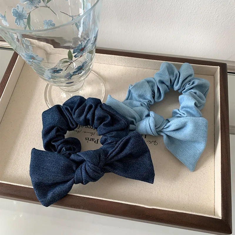 French Retro Denim Bow Hair Ties Headband Women\'s 2024 New Simple and Versatile Premium Hair Tie Rubber Band