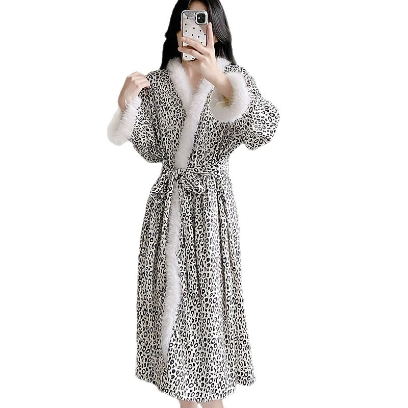 Sexy Leopard Kimono Gown Island Velvet Long Bathrobe Ladies Autumn Winter New Intimate Lingerie Home Clothes Pajamas Sleepwear