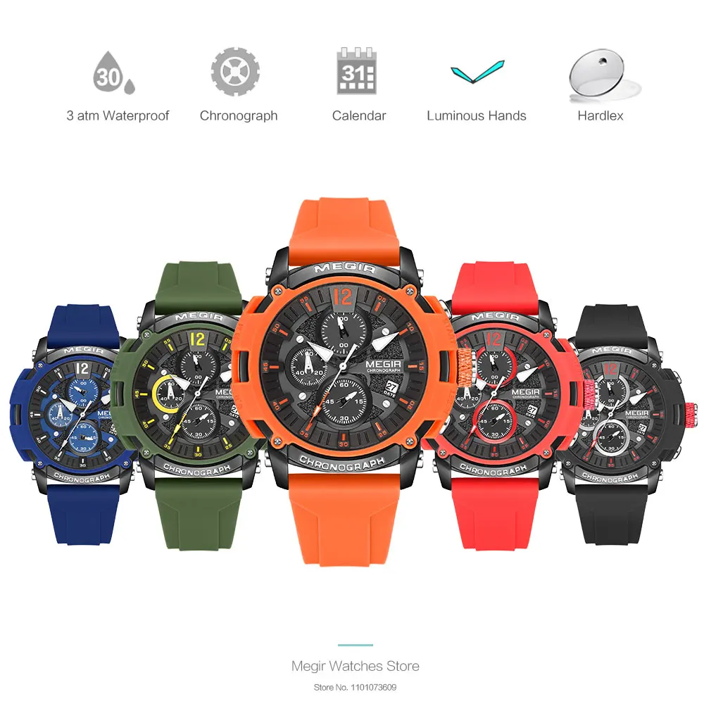 MEGIR Orange Sport Watches for Men Fashion Waterproof Luminous Chronograph Quartz Wristwatch with Auto Date Silicone Strap 2208