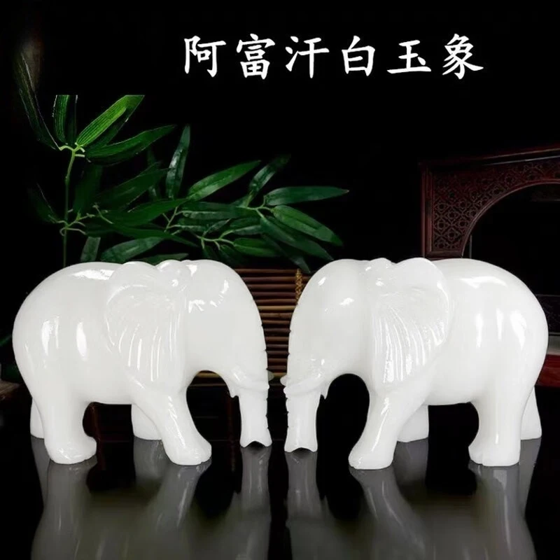 A pair of Afghan jade elephants as decorative ornaments, auspicious for the entrance, home, living room, and office