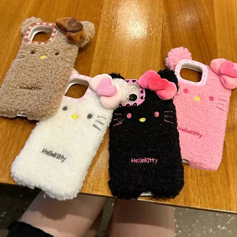 Kawaii Hellokittys Cartoon Fur Phone Case iphone 12 13 14 15 Pro Max Cute Autumn Winter Cute Warm Shockproof Back Cover Sanrio