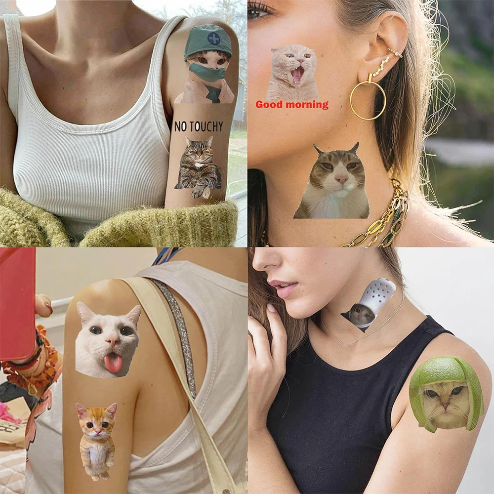 10pcs Super Cute Cat Meme Tattoo Stickers Body Arm Face Waterproof Temporary Fake Tattoos Decals Toy Kids Party Decortaion Gift