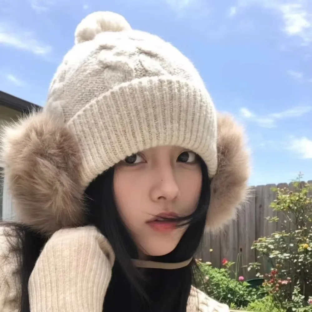 Plush Knitted Trapper Hat Ear Protection Large Head Circumference Pompom Beanie with Earflap Thick Faux Fur Ear Flaps Cable