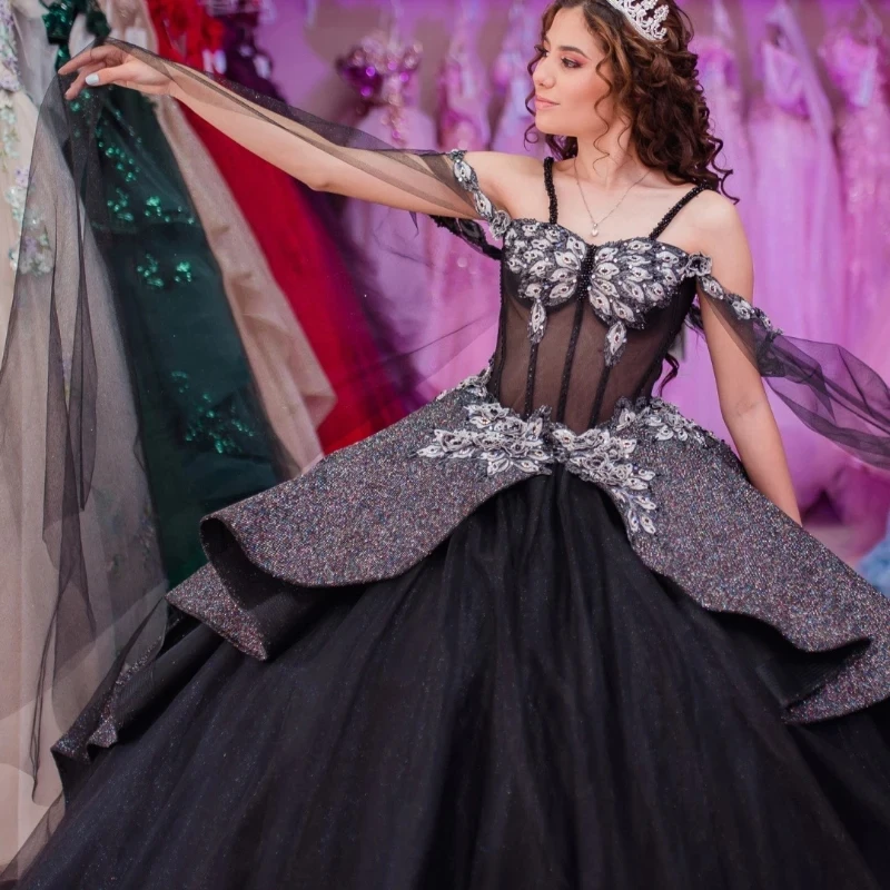 Black Shiny Quinceanera Dress Ball Gown Off The Shoulder Corset Pageant Flowers Lace Sweet 15 Party Vestidos De XV Años