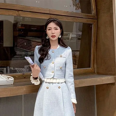 Suit Short Long-Sleeved Jacket + Skirt Little Fragrance Blue 2024 Fall Two Piece Sets For Women Royal Sister Sense Of Luxury