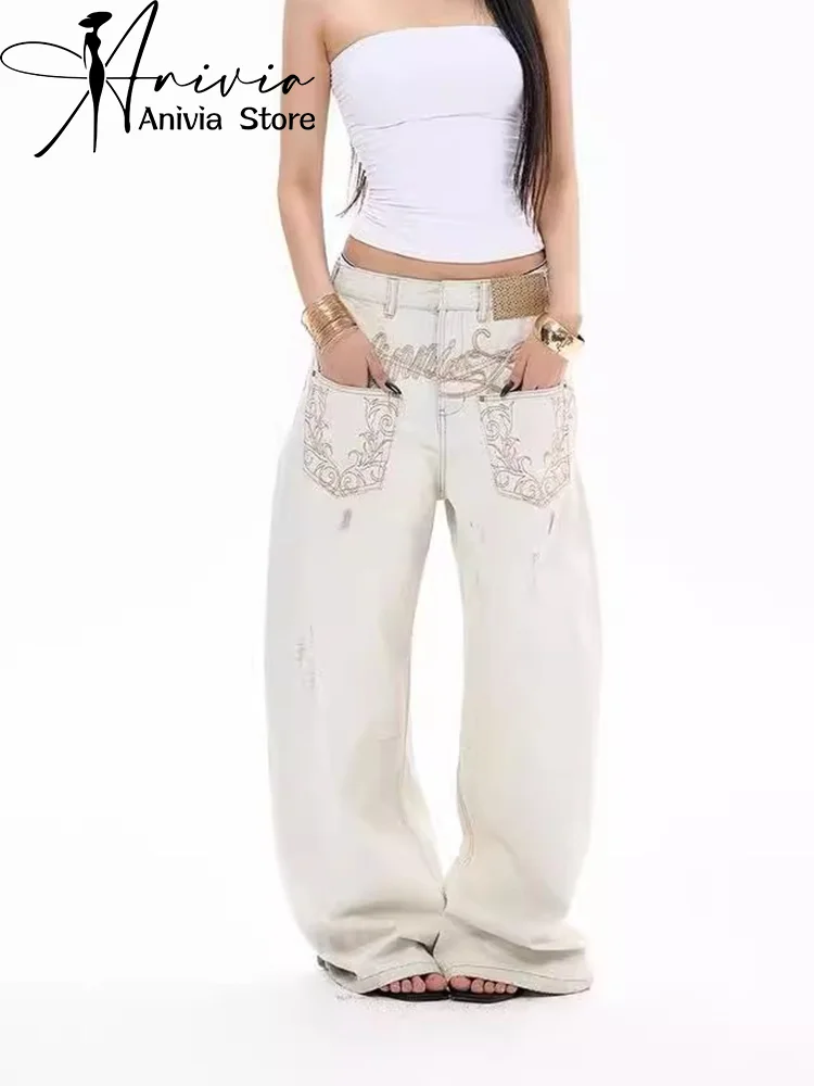 

Женские белые джинсы-карго с вышивкой, мешковатые Y2K, японский Harajuku, эстетический стиль 2000-х годов, винтажные брюки, джинсовая одежда