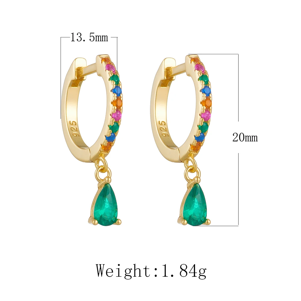 925 Sterling Silver Gold Plated Mini Huggie Hoops Rainbow Paved CZ Teardrop Emerald Green Zircon Drop Women Colorful Jewelry
