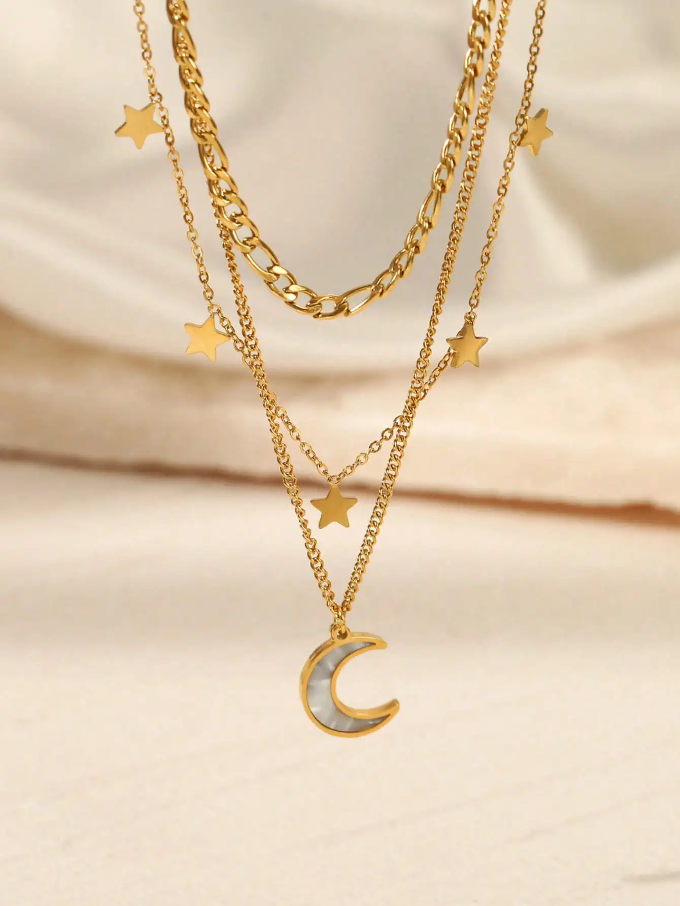 1 set of star moon inlaid shell stainless steel plated 18K real gold women\'s multi-layer necklace