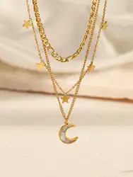 1 set of star moon inlaid shell stainless steel plated 18K real gold women's multi-layer necklace