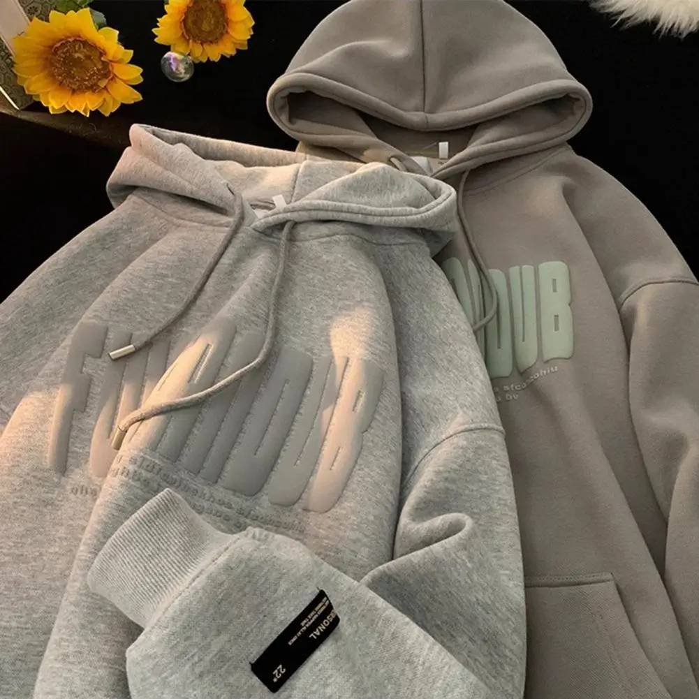 Hooded Top Men's Fall Winter Hoodie with Letter Print Drawstring Elastic Cuff Plush Big Patch Pocket Stay Warm in This Loose Fit