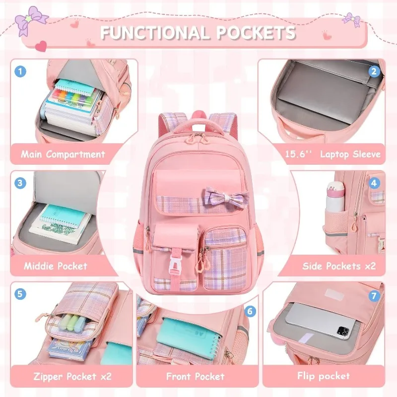 3pcs/set School Backpack for Girls Bookbag Elementary Middle School Bags Student Cute Plaid Backpack with Lunch Bag Pencil Bag