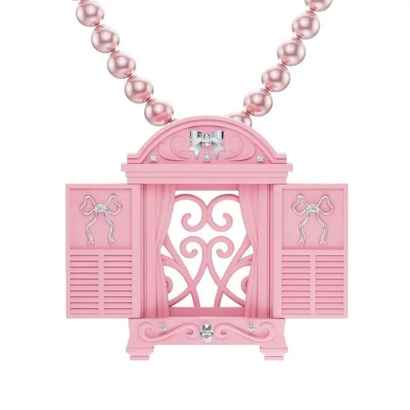 Y2K Openable Window Photo Frame Necklace Bow Decor Faux Pearl Statement Necklace for Women