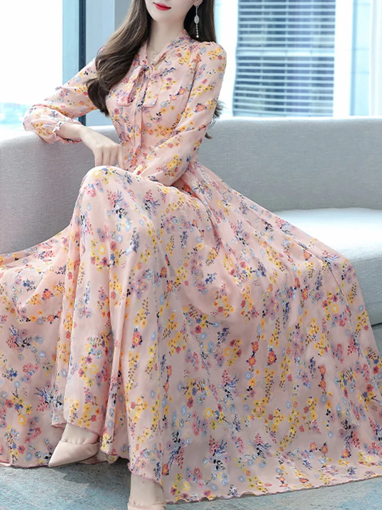 

Женское шифоновое макси-платье с цветочным принтом, длинным рукавом, элегантным бантом на шее, в стиле бохо, для пляжных вечеринок, винтажное, А-силуэт, весна-лето, для отпуска