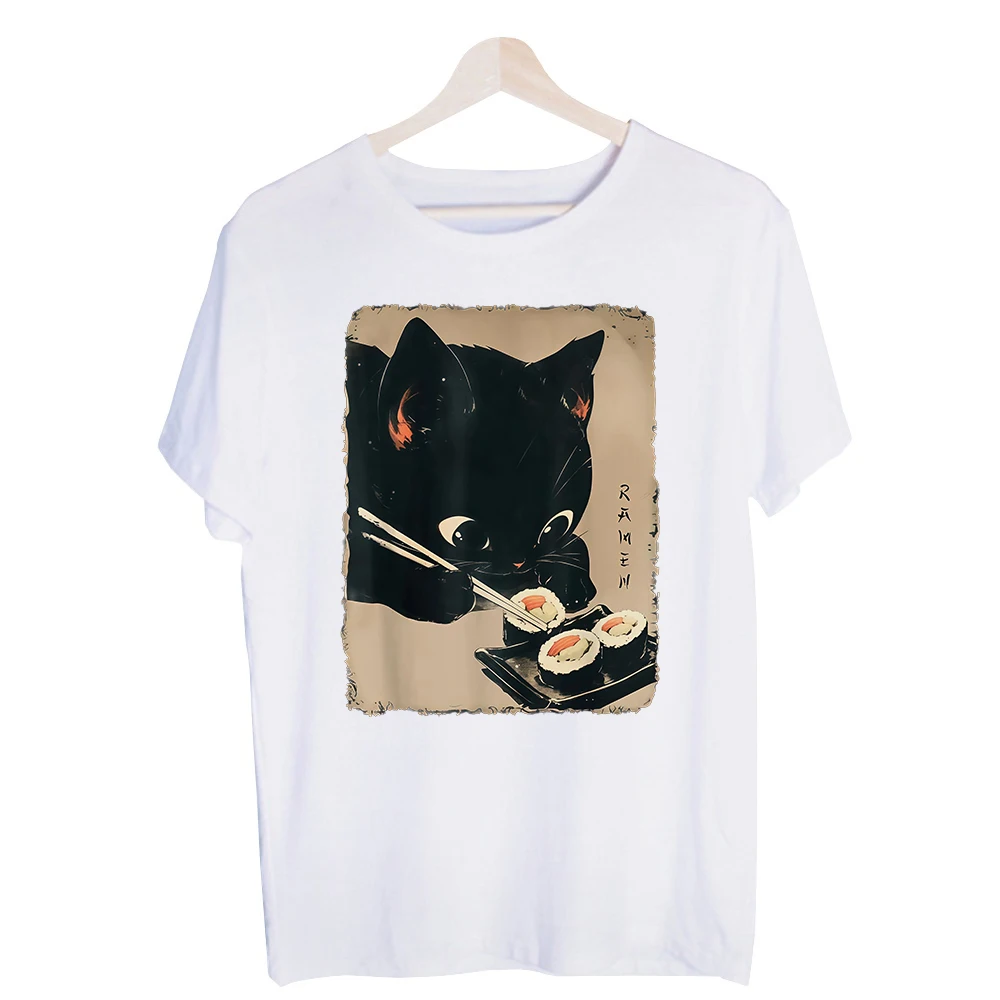 Men's Black Cat with Sushi Graphic Tee, Short Sleeve Crew Neck T-Shirt for Casual Daily Wear