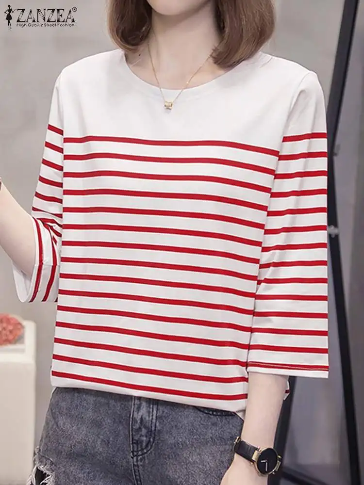 ZANZEA Casual Loose Striped Shirts Blouses Women 2024 Korean Fashion Color Blocking Summer Blusas Mujer Elegant 3/4 Sleeve Tops