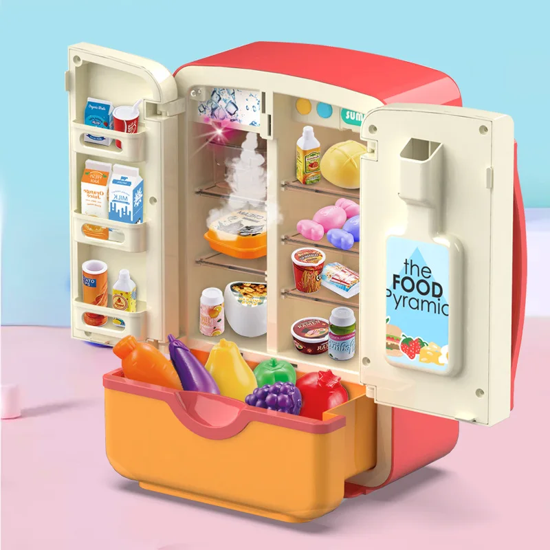 Pretend Play Simulated Refrigerator with Light Spray Kitchen Toy Set Model Fruit Drink Ice Cream Accessories Children's Toy Gift